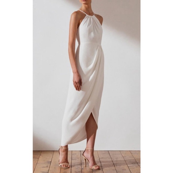 Shona Joy Dresses & Skirts - Shona Joy Ivory High Neck Ruched Midi Dress, size 10